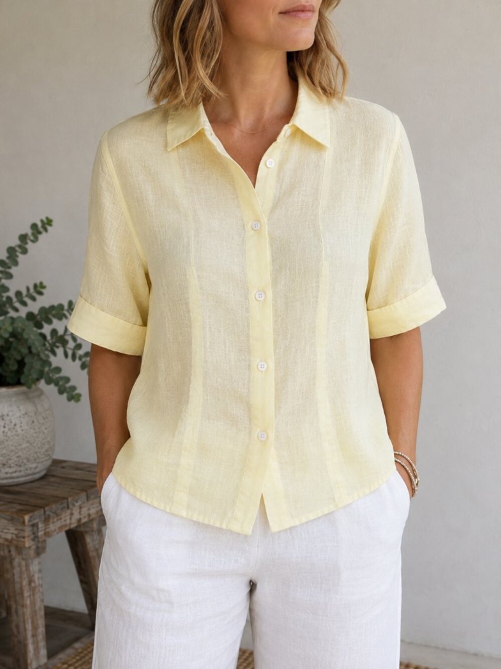 J.Crew 100% Linen Button Front‎ Shirt Women's Sz 10 (fits~6) Butter Yellow 1311
